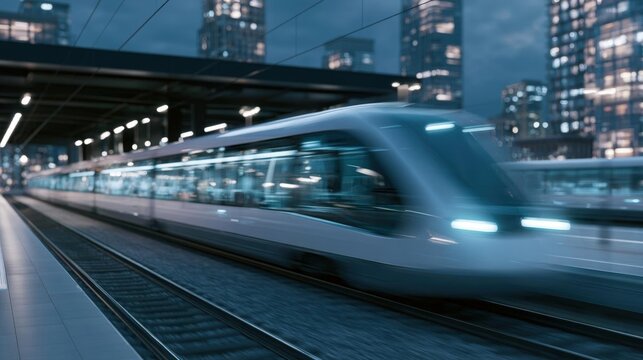 Modern high-speed train on a railway track at night. the train is moving towards the right side of the image, with its headlights on.