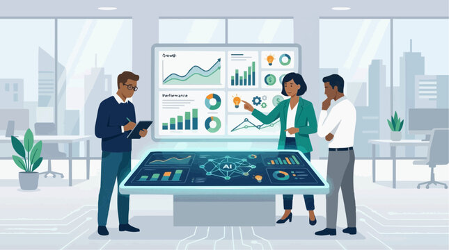 Business analytics team analyzing financial data and growth charts on large screen displays in a modern office setting