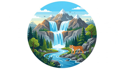 Majestic Waterfall Cascades Through Lush Green Forest with Tiger. © Mutmainah