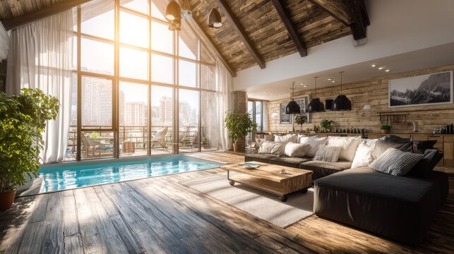 Luxurious penthouse apartment features an indoor lap pool against a massive window overlooking a city.