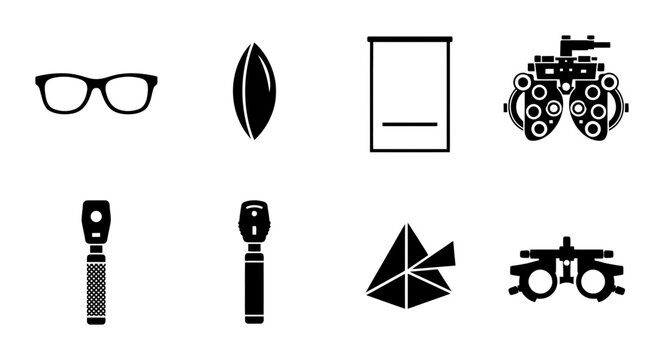 Ophthalmology Icons Set: Vision Care, Eye Exam Equipment, Optometry Tools, Eyeglasses, Lenses, Phoropter, Ophthalmoscope, Prism