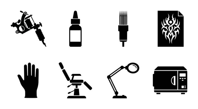 Tattoo Studio Equipment Icons, Vector Set: Machine, Chair, Ink, Gloves, Lamp, Sterilizer, Stencil