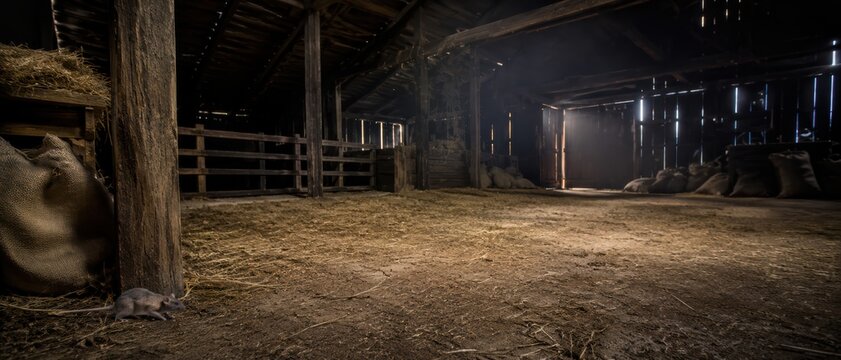Wide Abandoned Barn Interior With Small Rat