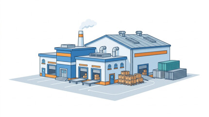Fototapeta premium Modern Factory Building with Smoking Chimney and Stored Materials.