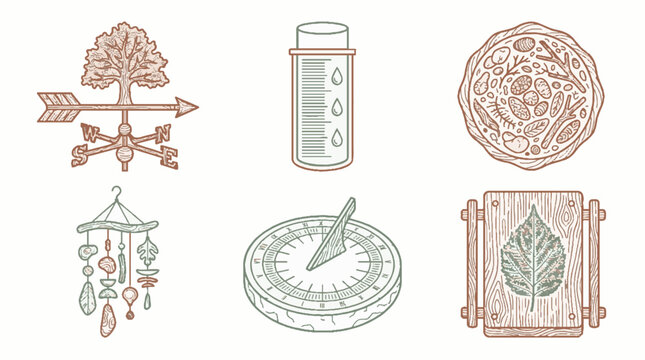 Set of six hand drawn nature and science icons including a weather vane rain gauge petri dish wind chime sundial and a leaf on a wooden board