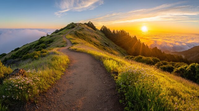 Winding dirt path through grassy hill at sunset with golden sunlight, dramatic clouds, green landscape and vibrant sky. Scenic countryside trail leading toward glowing evening horizon.