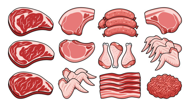 Vector Icons Collection of raw meat cuts vector illustration including beef steak pork chop chicken wing and bacon. EPS Editable