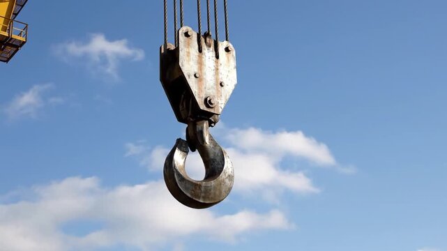 A heavy steel crane hook suspended against a bright blue sky with scattered clouds, signifying industrial lifting power.