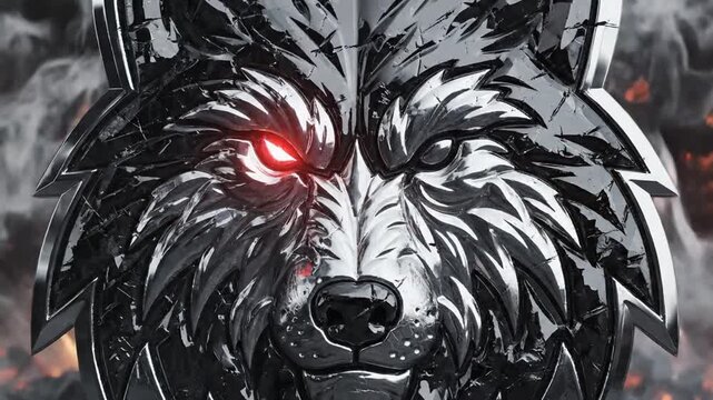 Metallic wolf head emblem with smoke and fire background