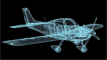 2D CAD Vector illustration of small airplane flying in sky with propeller © Stock Image Paradise