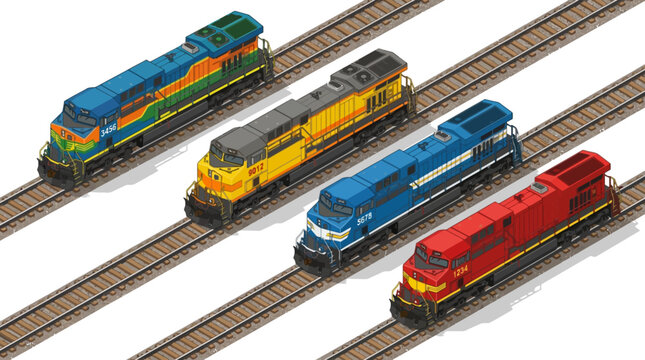 Vector Icons Isometric set of four colorful diesel locomotive trains on parallel railway tracks isolated on white background. EPS Editable