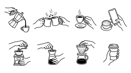 Fototapeta premium Vector Icons Minimalist line art vector illustrations of hands preparing and drinking coffee set. EPS Editable