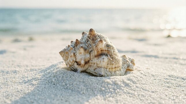 Seashell resting on sunlit sandy beach near shoreline