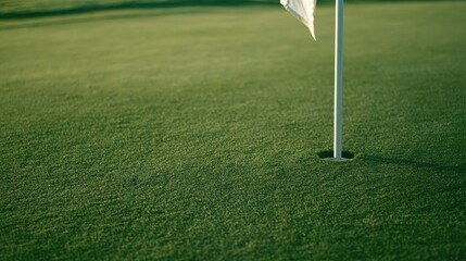 Obraz premium Golf course with a green grassy surface. in the center of the image, there is a white flagpole with a small hole in the ground. the flag is waving in the wind.