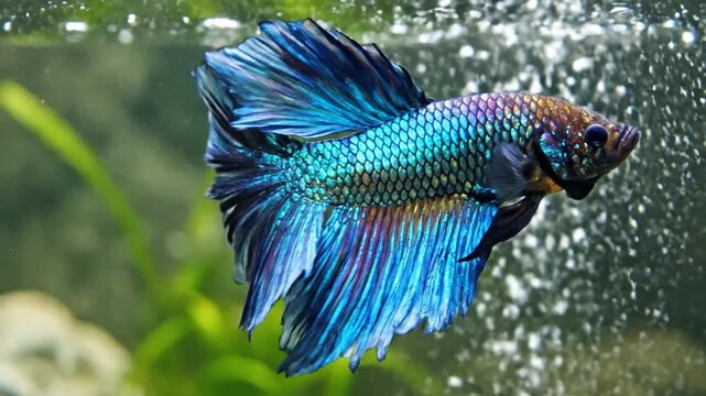 Beautiful Siamese fighting fish, also known as betta, showcasing its vibrant blue and purple scales and flowing fins in clear water with subtle bubbles in the background
