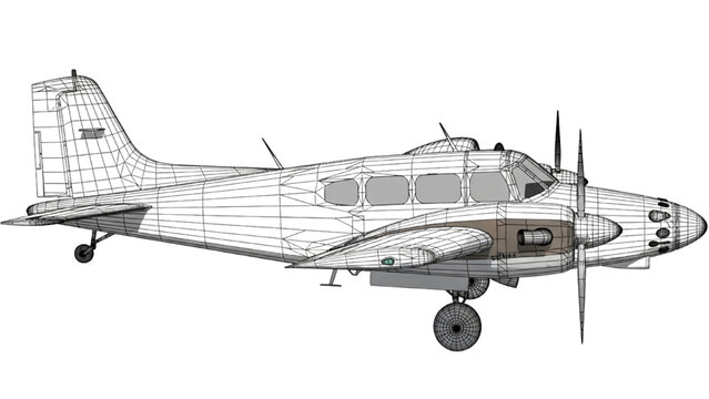 2D CAD Vector illustration of airplane exterior with grid lines