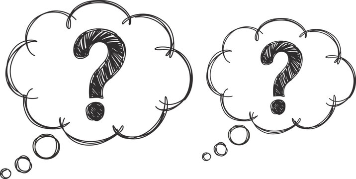 Question mark thought bubbles, puzzled expression, vector illustration, black and white