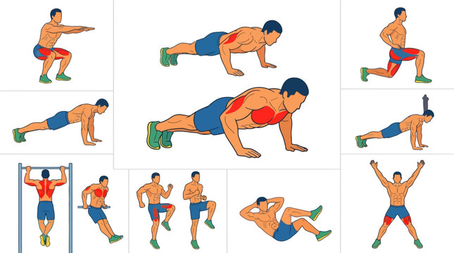 Vector Icons Vector illustration of bodyweight exercises and calisthenics workout guide showing muscle activation for fitness training. EPS Editable