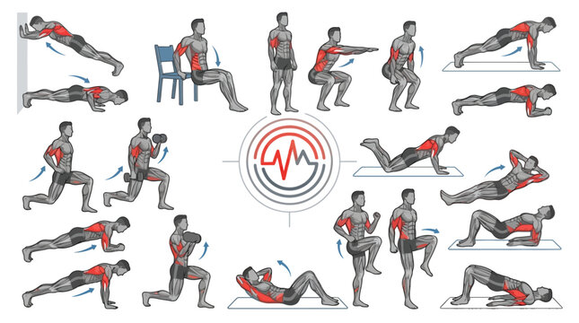 Vector Icons Vector illustration of bodyweight exercises and workout routines for home fitness training. EPS Editable