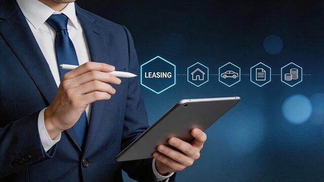 Businessman using tablet to select leasing option with hexagonal icons showing house, car, document and money, financial service process illustration.