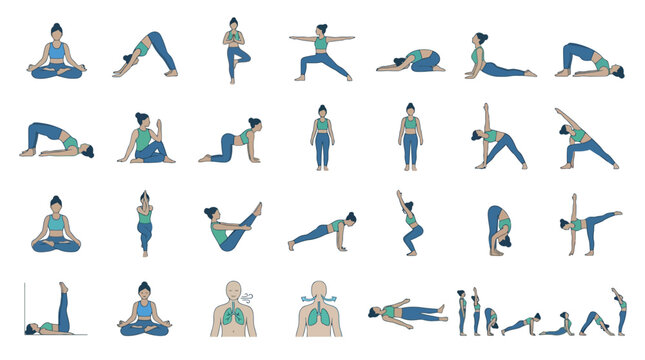 Vector Icons Vector illustration set of a woman practicing various yoga poses and asanas for fitness and wellness. EPS Editable