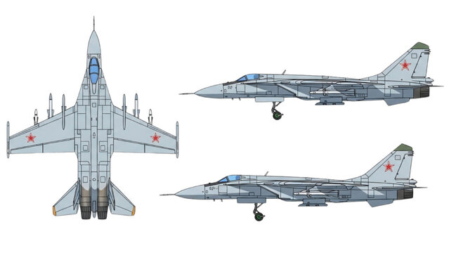 Detailed 2D CAD Vector illustrations of a military fighter jet from multiple angles
