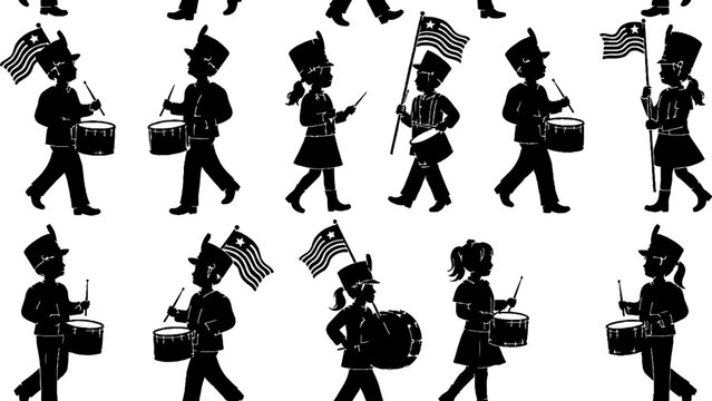 Children marching in a band with drums and flags