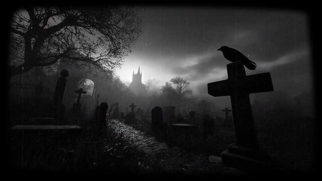 A 10-second seamless monochrome loop video featuring a Western cemetery with retro 8mm film effects. Vertical scratches, dust particles, film grain, flicker, and subtle screen shake create an eerie bl