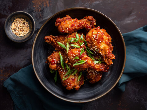 Korean fried chicken with scallions and sesame seeds