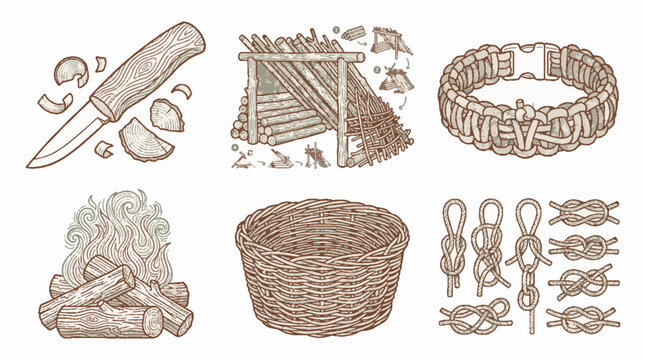 Bushcraft and survival skills vector illustration set featuring a knife wood shelter paracord bracelet campfire woven basket and various rope knots