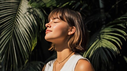 Fototapeta premium Relaxed woman enjoying warm sunlight with closed eyes among tropical green leaves, natural beauty portrait with serene expression, soft shadows and peaceful summer atmosphere.