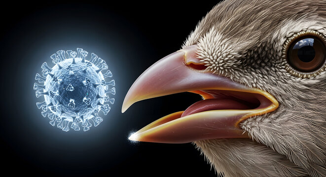 Close up of a bird beak facing an avian influenza virus particle