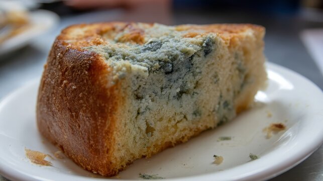 Very stale slice of bread covered with blue mould on white plate showing spoiled food contamination decay fungus bacteria and unhealthy expired bakery product concept indoors