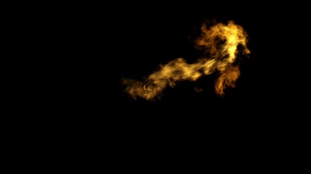 Realistic small fire burning brightly with intense flames and sparks on a black background.
