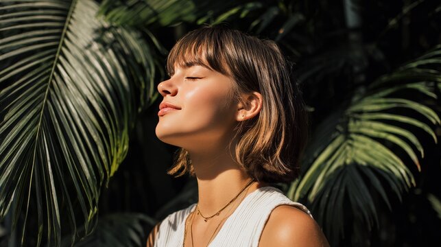 Relaxed woman enjoying warm sunlight with closed eyes among tropical green leaves, natural beauty portrait with serene expression, soft shadows and peaceful summer atmosphere.