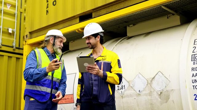 Two industrial workers in safety gear consult a tablet beside a hazardous materials tank and shipping containers at a logistics site