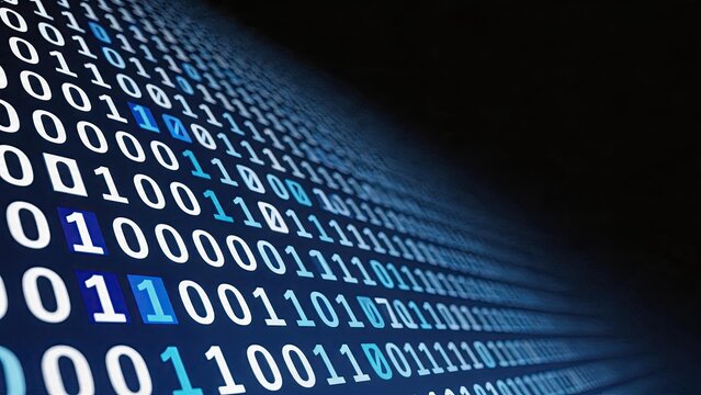 Abstract binary code stream flowing in dark space, digital data background representing computer programming, software development, coding language and cybersecurity encryption