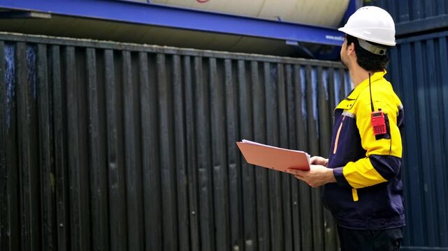 Industrial worker in a hard hat reviews a red folder beside a metal container, wearing safety gear and a radio during an on-site inspection.