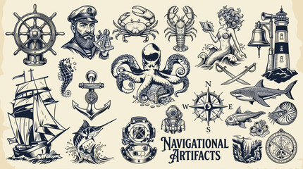 Vintage nautical collection. Hand drawn maritime illustrations. Ocean adventure elements. Ship, anchor, octopus, and sea creature vector set. © DandiPdn