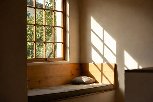Sunlight streams through a mullioned window onto a wooden window seat in an interior room.