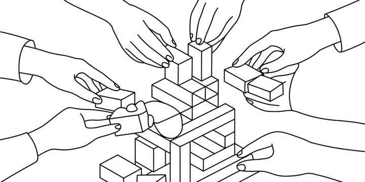 Teamwork, collaboration, building blocks, construction, line art, vector illustration, business concept