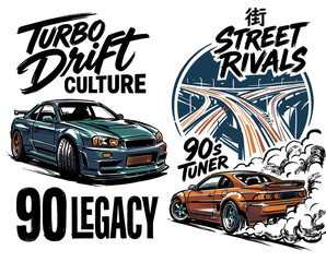 Turbo drift culture vector illustration set. Japanese street racing rivals graphic. 90s tuner legacy automotive apparel design. © DandiPdn