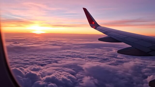 Passenger airplane wing flying over clouds at sunset