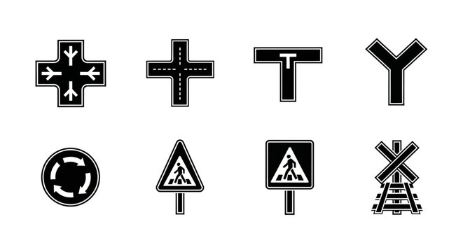 Traffic Signs Collection: Road Junctions, Crosswalks, Roundabout, Railroad Crossing