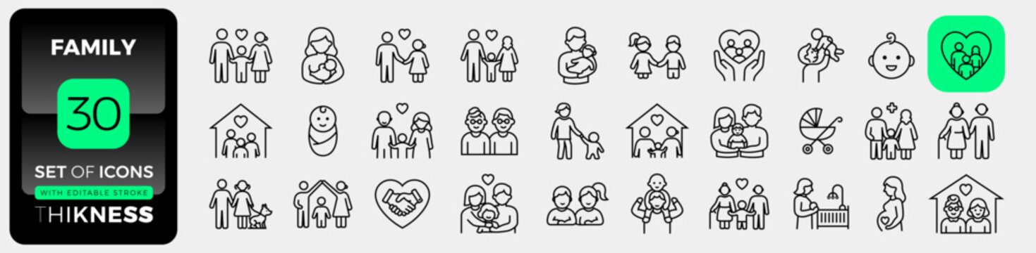 Family line icon set. Parenting, children, home, relationships, childcare, love, support, household, togetherness, lifestyle, community collection. Editable stroke
