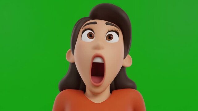 3D render animation of a shocked young woman cartoon character looking up with wide open eyes and mouth surprised expression isolated on green screen chroma key background