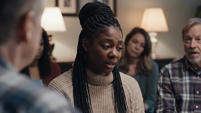 Pensive African American woman at a support group meeting