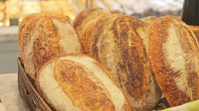 Fresh bread display with artisan bread sourdough bread and seeded loaves on bakery shelf Rustic bread assortment with golden crust organic texture and handcrafted bakery selection for gourmet food