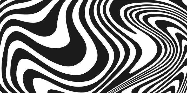 Black and white striped liquid paint effect vector seamless pattern. Wavy psychedelic background of moving liquid. Modern zebra backdrop. Groovy 1970s style.