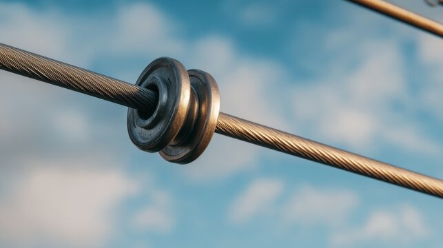 Close-up of a metal pulley on a cable against a backdrop of clear blue sky and clouds